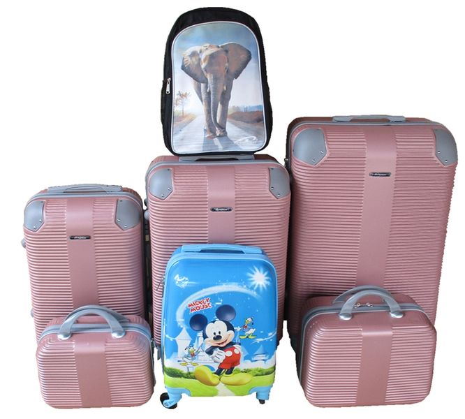 5-Piece Pink ABS Luggage Set with Mickey Kids Trolley &amp; Ladybug Backpack