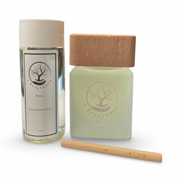 Champagne &amp; Rose 200ML Wooden Top Diffuser &amp; 150ML Refill - Set of 2