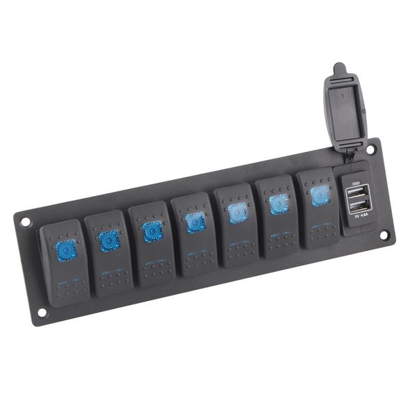 7 Gang Rocker Switch Panel Blue Backlit Waterproof With Dual USB Charger