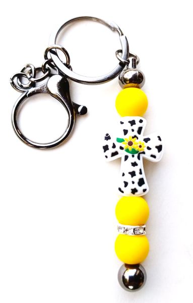 Hand made silicone beaded bar keyring with detailed cross as centre piece