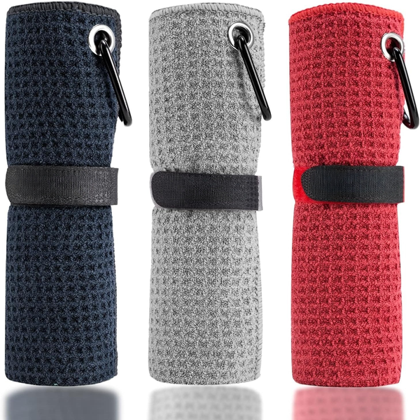 Microfiber Golf Towels (16" X 16") with Carabiner Clip, Waffle Pattern