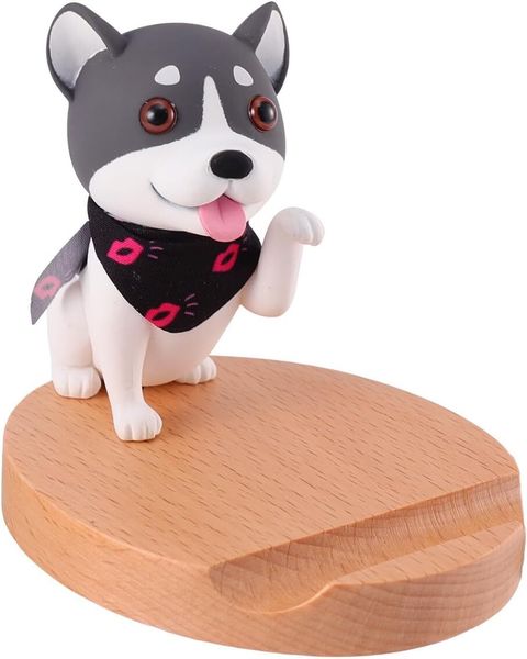 Wooden Dog Phone Stand Holder With Cute Gray Puppy Ornament For Home Offic