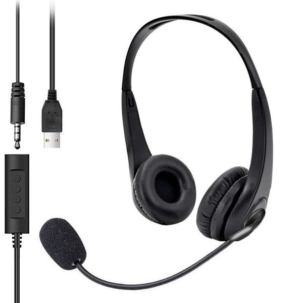 Tuff-Luv Biz-1.0 USB-A &amp; 3.5MM 2 meter Cable In-line Jack Stereo Dual Headset with Microphone - Black