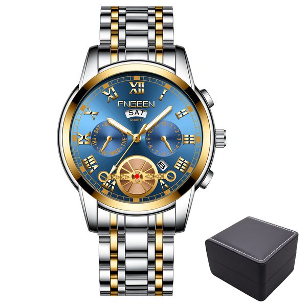 FNGEEN Men Metal Button Formal Wristwatch Waterproof Date Quartz Watch