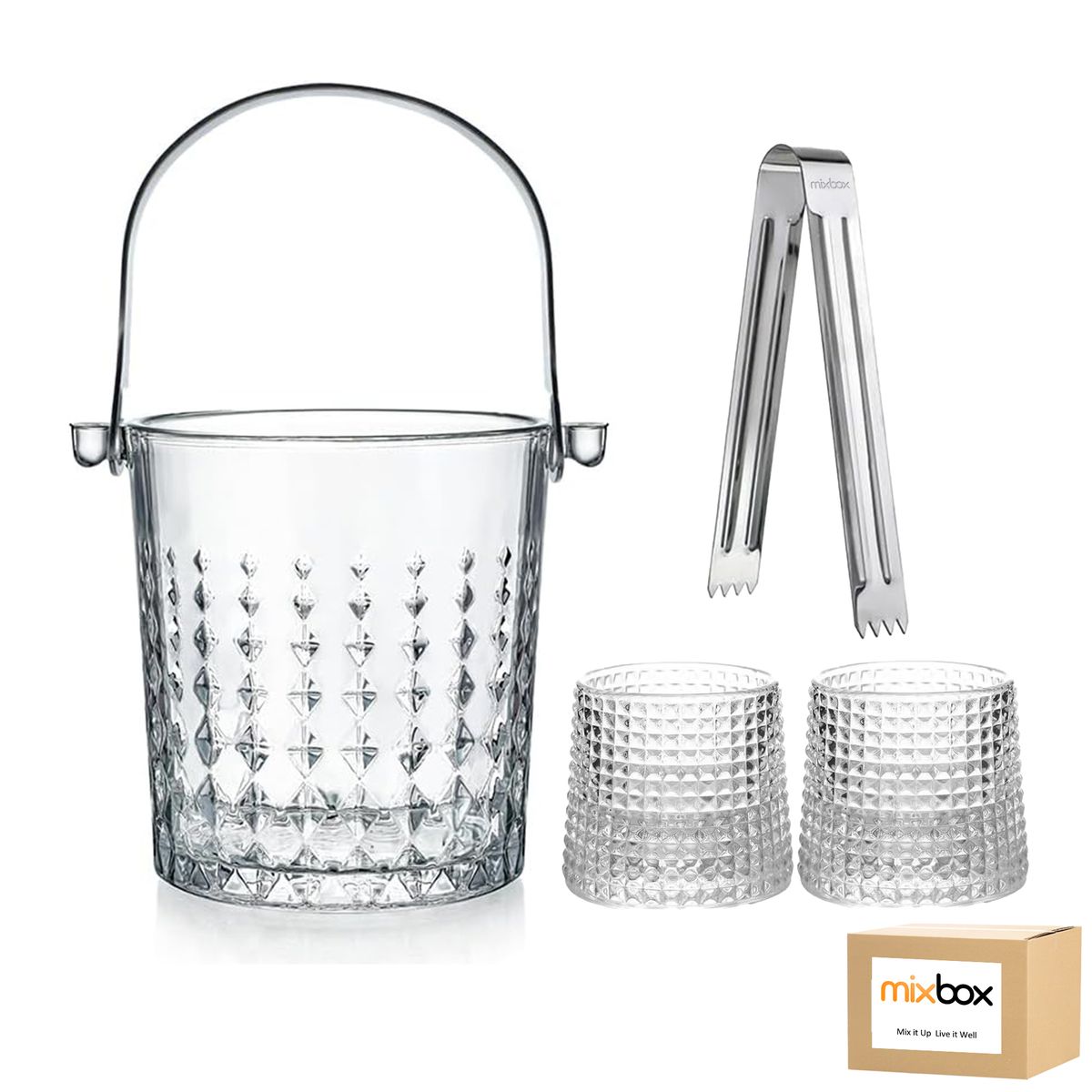 Mix Box Ice Bucket Container Kit with 2 Whiskey Glass