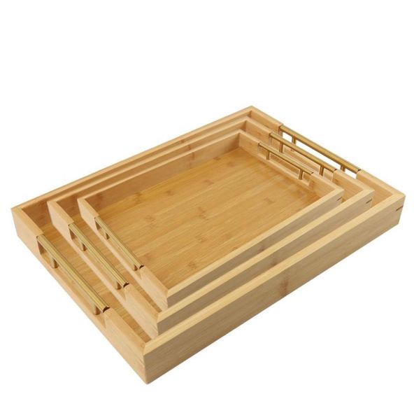 Wooden Serving Tray With Pastel Golden Handle - 3 Piece