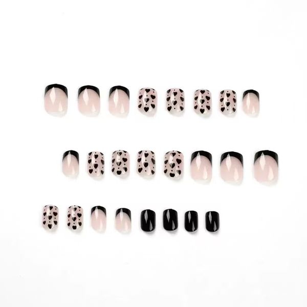 French Style Black Heart Manicure With Black Trim On False Nails