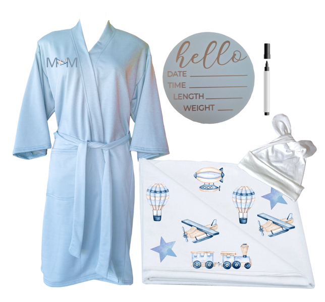 Mom &amp; Me Set - Printed Gown, Swaddle &amp; Milestone Board - Train