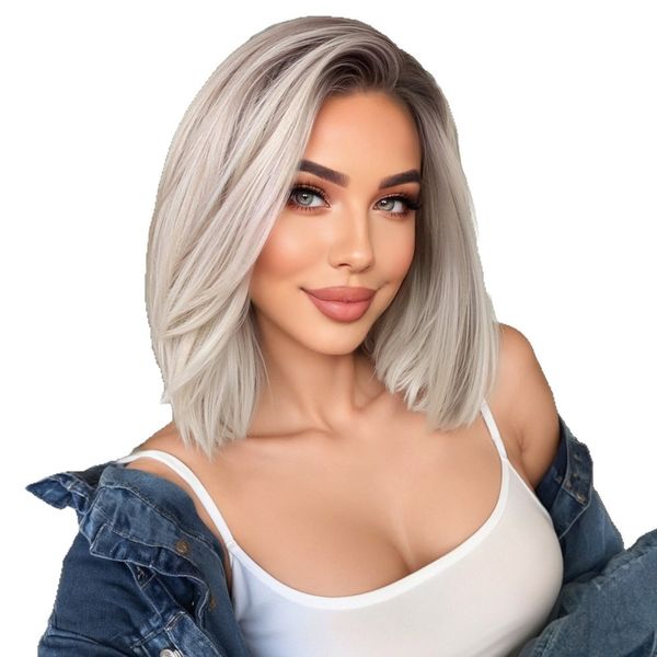 13x6 Large Area Lace Wig Gradual White Blonde Bob Breathable Mesh Wig