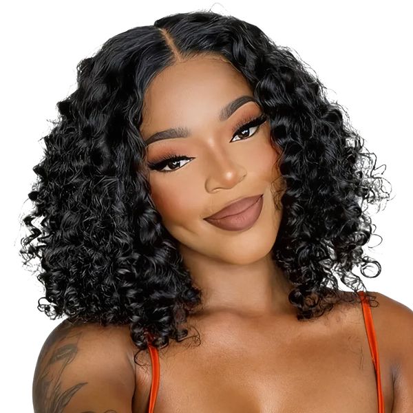 Black In 12inch Deep Wave Curly Wig-Brazilian Hair Full Lace Front Wig