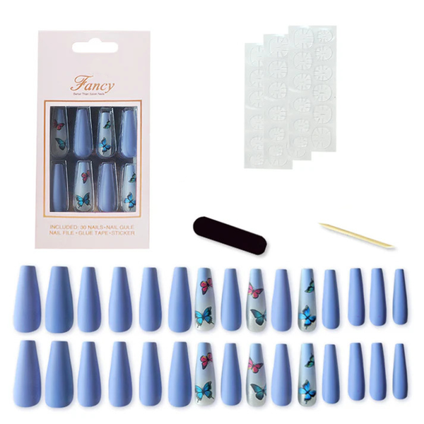 30 Pieces Reusable Matte Long Coffin Stick On Nail Set Purple Butterfly Design