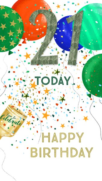 Greeting Card - 21st Birthday - Balloons &amp; party popper