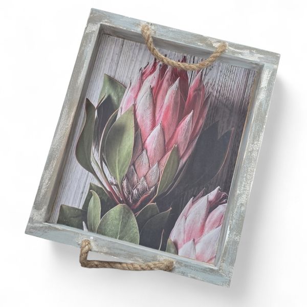 Rustic Protea Wooden Tray with Rope Handles - 23cm x 27cm