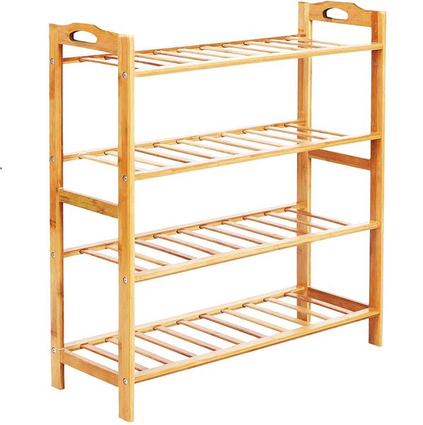 4 Tier Shoe Rack Storage Organizer Unit, Natural Bamboo Rack