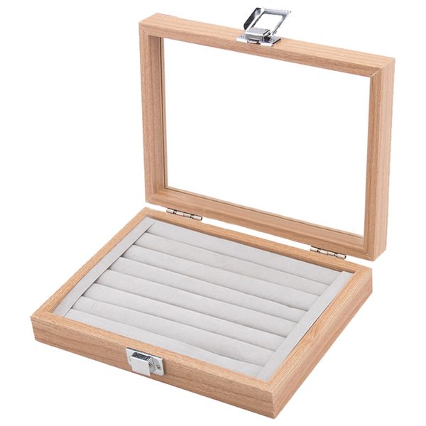 Portable 7 Slots Wood Jewelry Rings Earring Display Storage Box with Cover