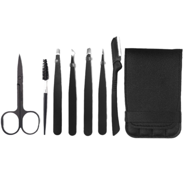 7-Piece Stainless Steel Eyebrow Grooming Tool Set with Storage Pouch