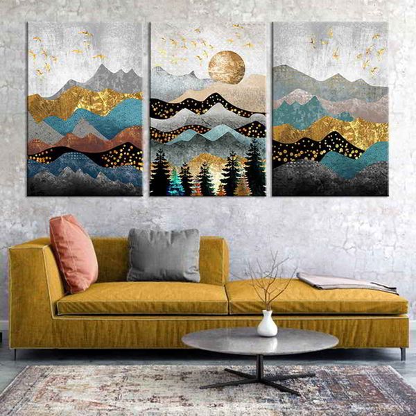 Grey Gold 3-Piece Abstract Landscape Canvas Print Wall Art Decor