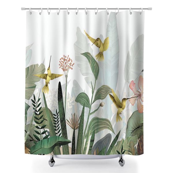 Waterproof Bath Curtain, 180x180cm Tropical Floral Polyester Shower Curtain