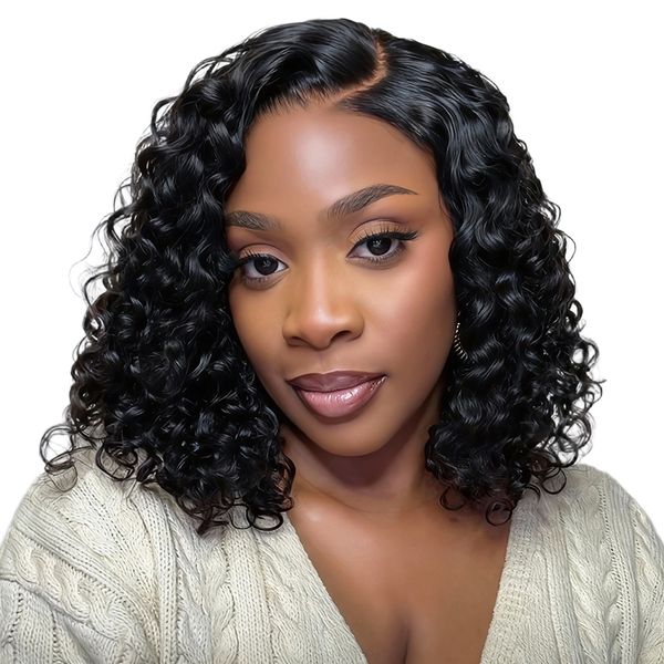 Black In 13x4 Water Wave Wig-Full Frontal Wig Ear to Ear Bob Wig 12inch