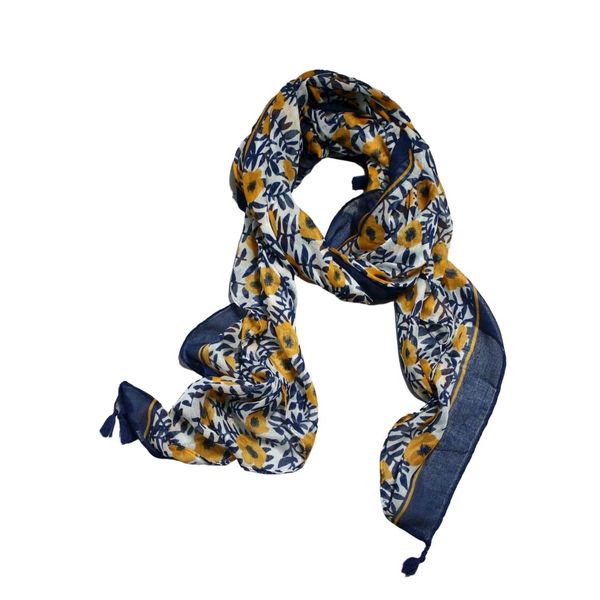 Scarf White &amp; Navy With Yellow Flower