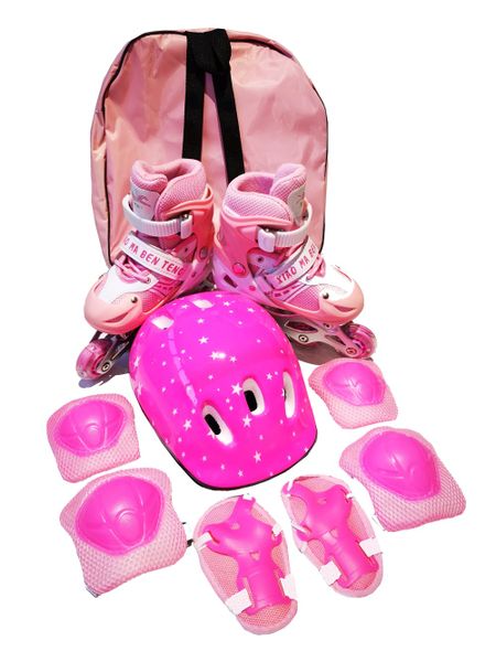 Roller Blades &amp; Knee, Elbow, Hand &amp; Head Guard Training Gear - Pink- Size S