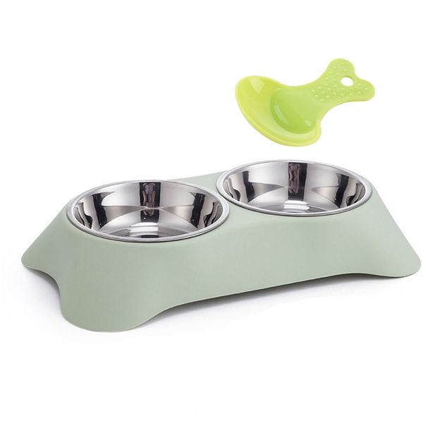 Green Double Dog Bowl Stainless Steel Double Bowl with 1 Food Spoop - S