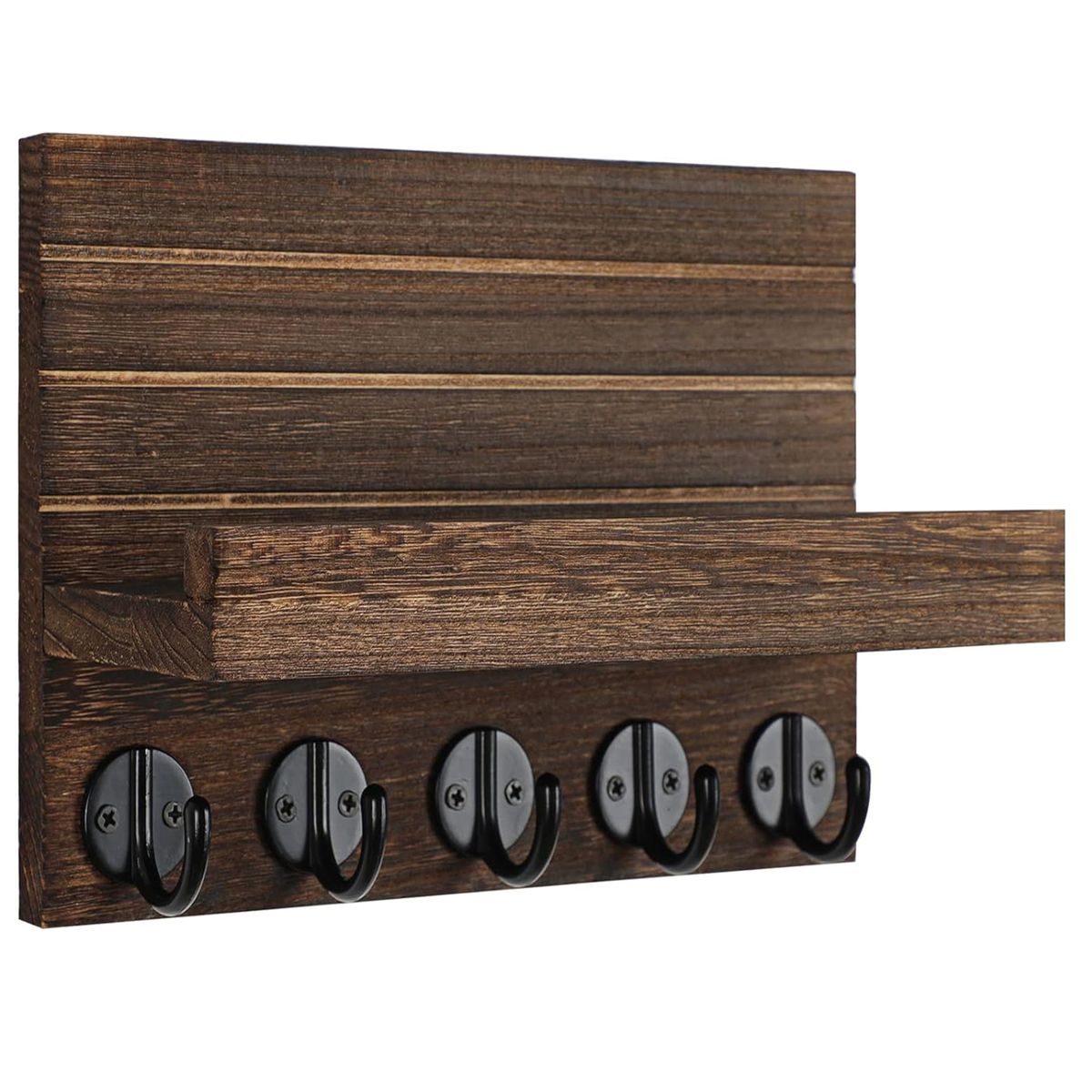 Wooden Key Holder Wall Mounted Rack With Mail Organiser,5 Metal Hooks - Brown