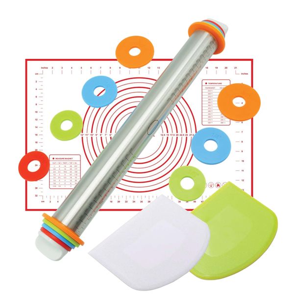 Rolling Pin for Baking, Mat &amp; Dough Scrapers(Adjustable Fondant Roller Pin)