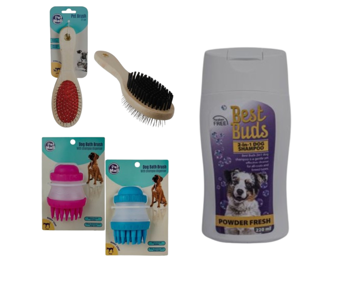 Dog Grooming Kit - Bath Brush, Shedding Brush &amp; 2-in-1 Dog Shampoo