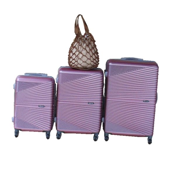 Pink 3-Piece ABS Luggage Set + Brown Net Tote Travel Bag