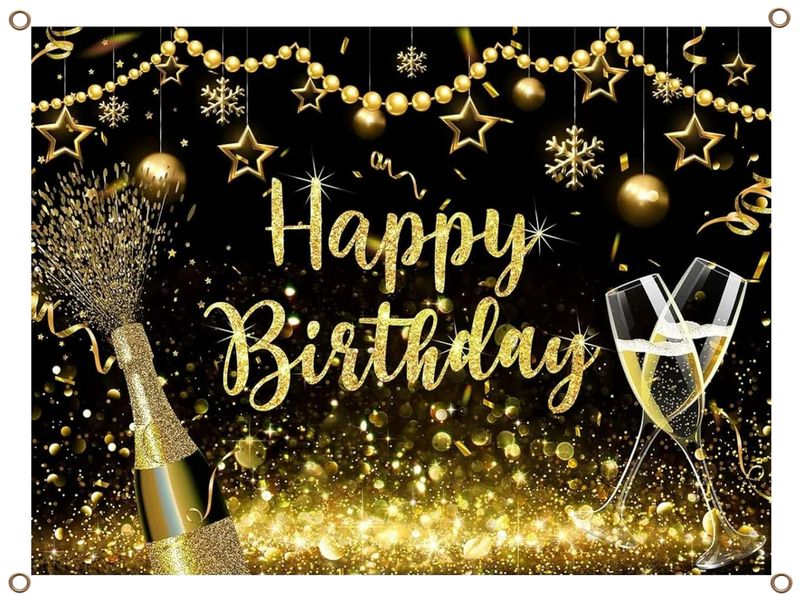 Happy Birthday Banner PVC Gold and Black with Stars 1.3MX900MM