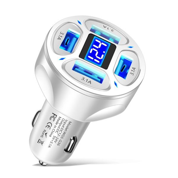 White 4-Port Car Charger 3.1A with Voltage Display