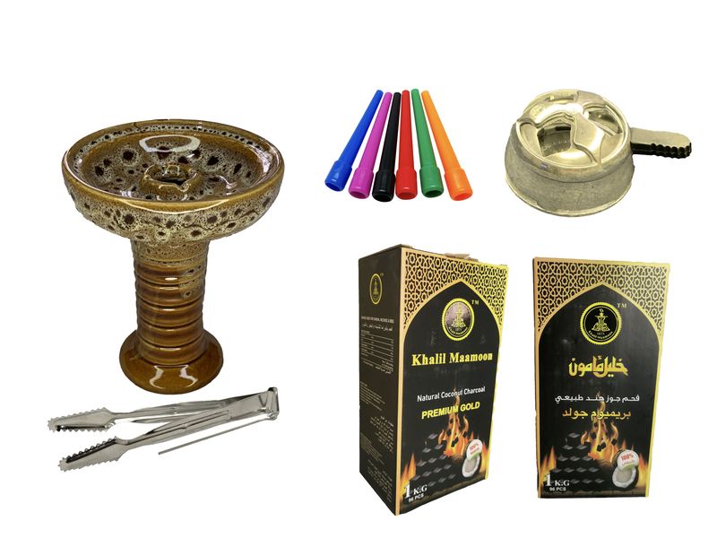 High Tech Hookah Bowl, Coal, Tong, Tips &amp; Heat management Bundle - Brown