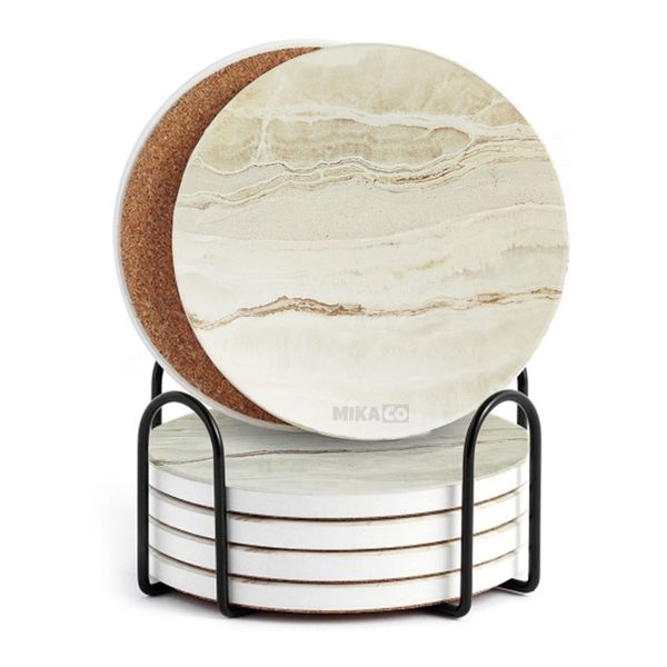 MIkaco-6-Piece Round Absorbent Ceramic Coasters with Holder