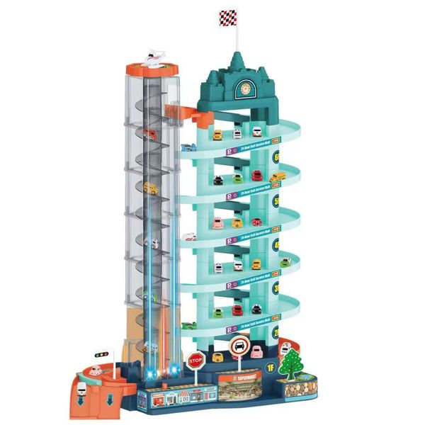 Kids Multi Level Parking Garage Playset with Elevator Cars and Road Signs
