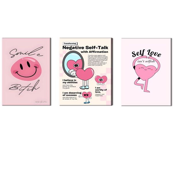 Canvas-Art-3 Pieces Pink Self Love Affirmation Wall Art