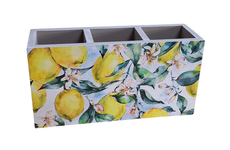 Cutlery/Stationary Holder - Yellow Lemons, White Flowers &amp; Green Leaves