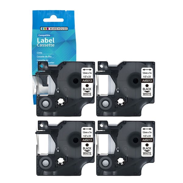 DymoLetra D1 Label Tape 45013 Black on White 1/2 Inch 12mmx7m - COMPATIBLE X 4