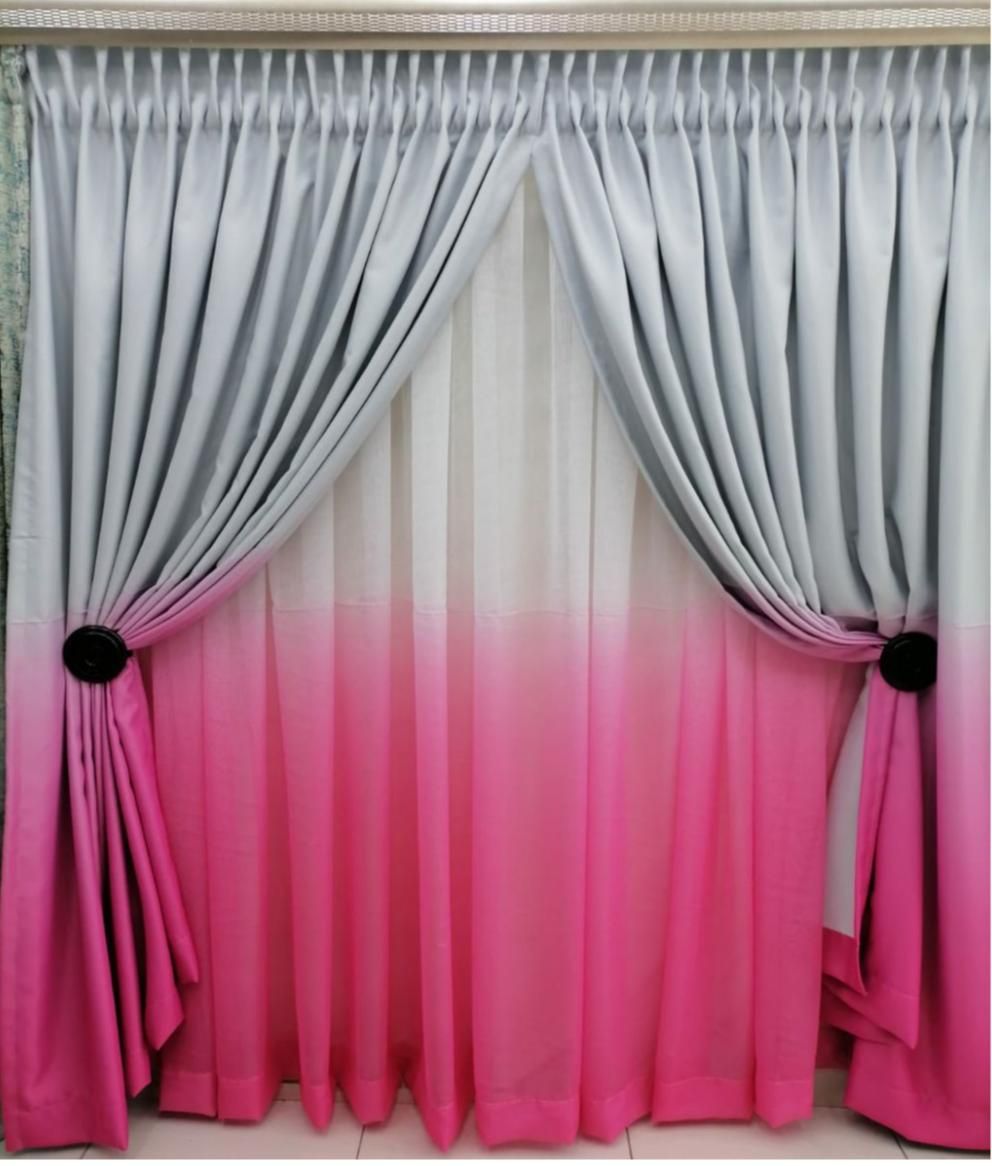 Dream world double color plain curtain with lace and tie backs pink