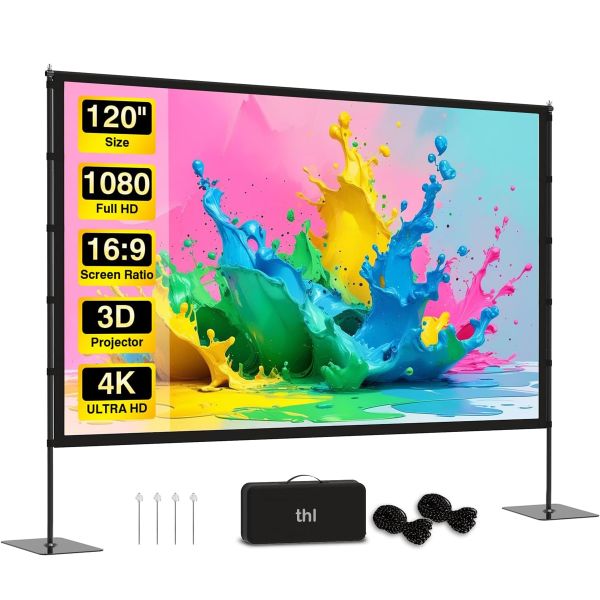 thl 120" Outdoor Projector Screen with Stand, Portable 4K HD Movie Screen