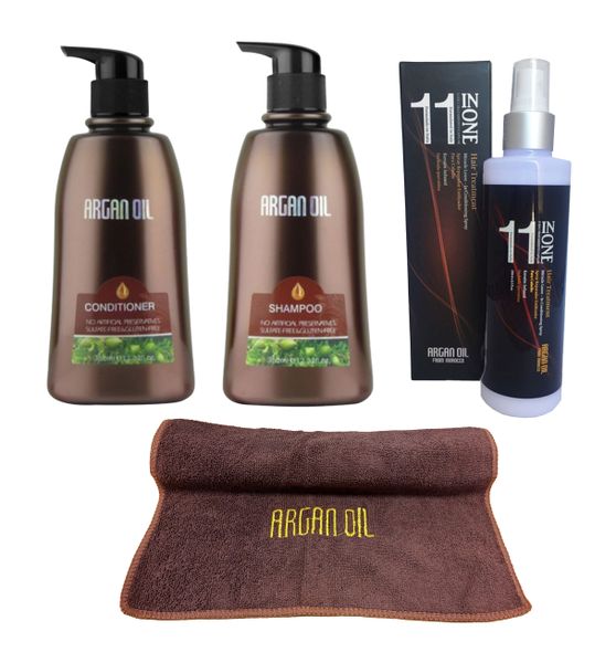 350ml Shampoo, 350ml Conditioner, 11-in-1 Spray + Argan Oil Towel