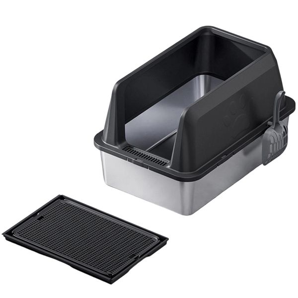 XXL Cat Litter Box with Cat Litter Mat&amp;Scoop Pet Toilet 60x40x35cm-Grey