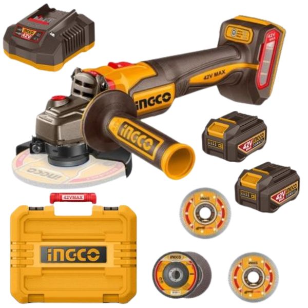 Ingco - Cordless Angle Grinder (42V) with 2x Batteries, Charger &amp; 29 Discs