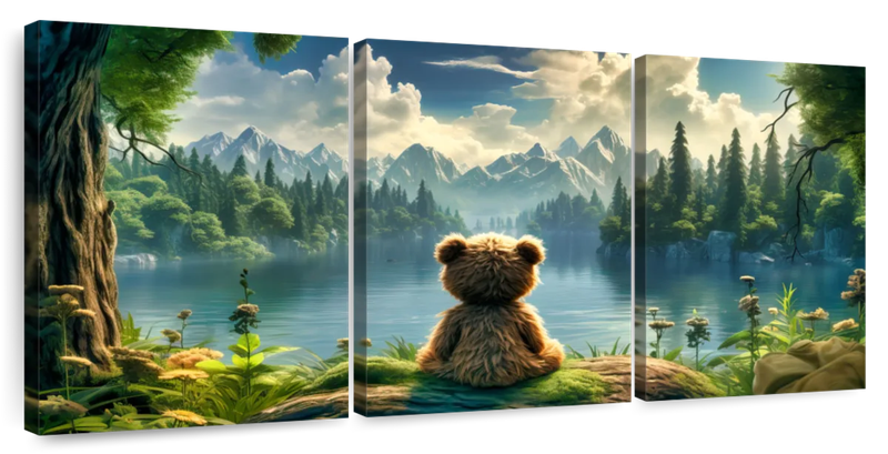 Canvas Art - Teddy Bear By Lake 3 Piece Abstract Painting Canvas Wall Art
