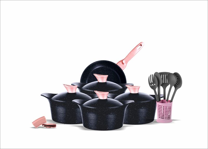 Amethyst 19 Piece Cast Iron Cookware Set with Self-Handled Glass Lid
