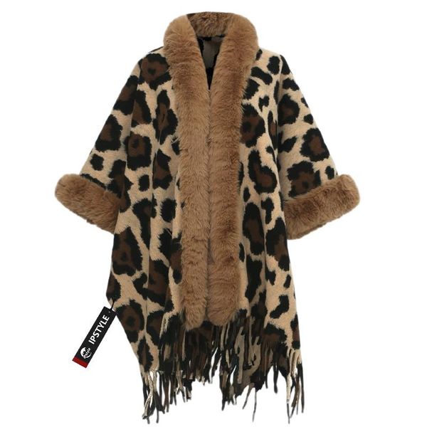 IPSTYLE Winter Women Poncho Chic Faux Fur Leopard Loose Cardigan Warm Shawl