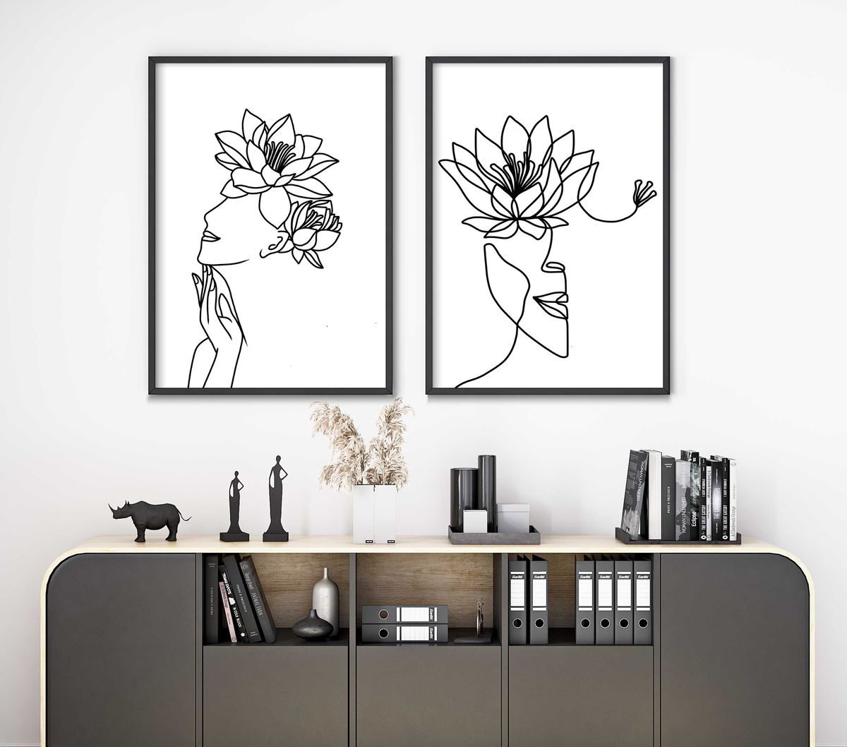 Line Art Wall Decor Faces with Lotus Flowers A3 - Unframed