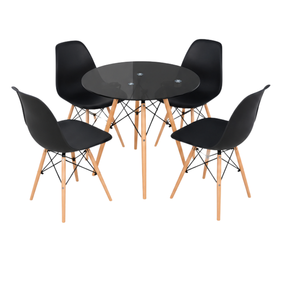 Modern 4 Seater Round Dining Table Set with Black Chairs &amp; Dark Glass Top