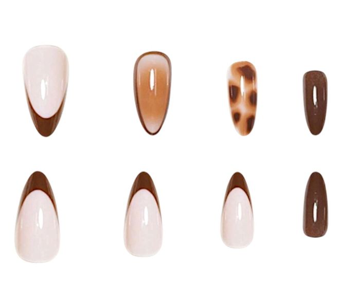 24 Piece Almond Shape Soft Pink &amp; Brown French Tip Press On Nails