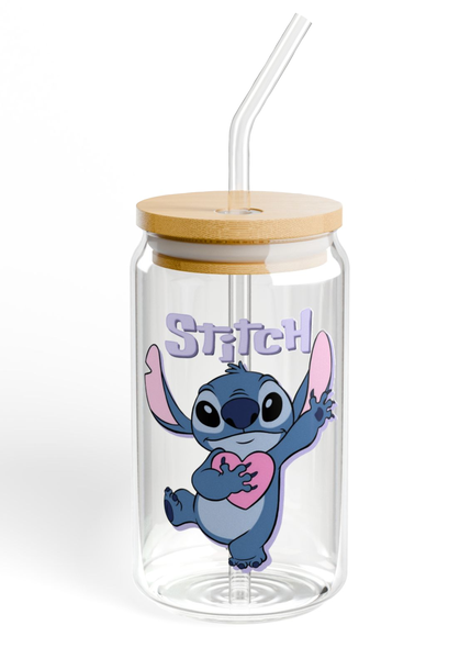 Stitch Themed Glass Tumbler with Straw